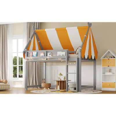 Full Size Gray Loft Bed With Color - Block Canopy, Warm Led Beads, And Front Bookshelf A Stylish For ' Personal Spaces Colorful Lights, Storage Function Transforming Sleeping Quarters
