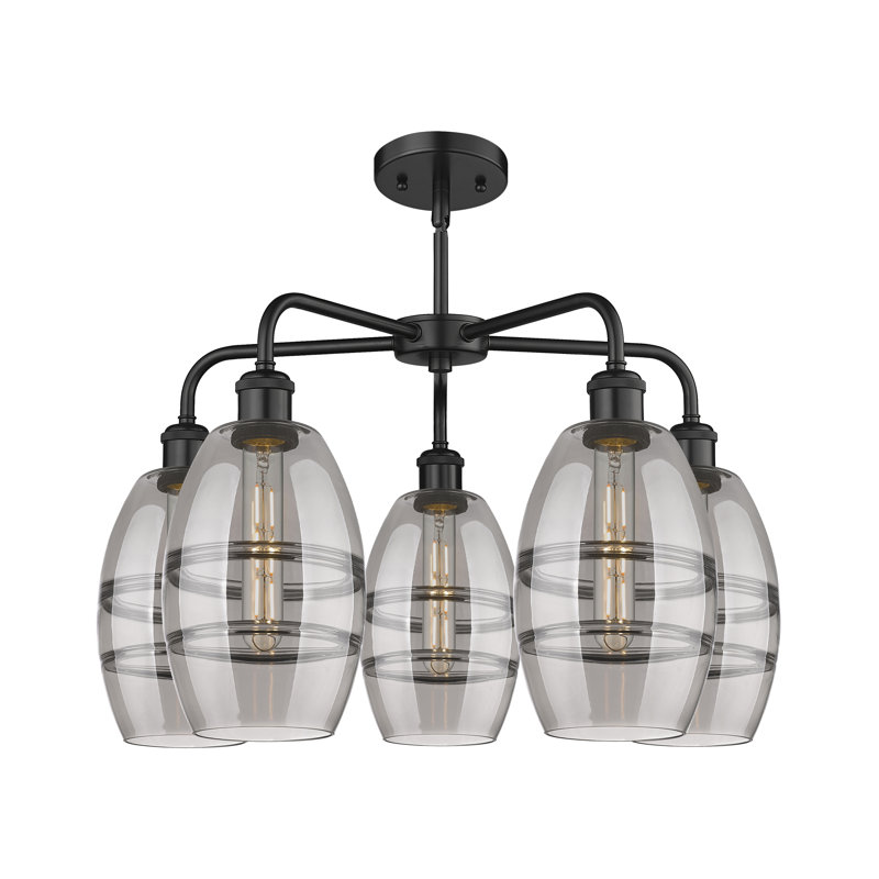 Lustre rond / ovale à abat-jour 5 lumières, Gris fumée clair, H 13,63 po x l 23,88 po x P 23,88 po, Noir mat