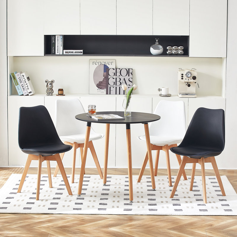 Nero Round Solid Wood Base Dining Table, Black, Natural