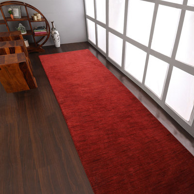 Tapis de corridor écologique en laine tissée à la main Manns - Couleur rouge, motif uni, épais et à poils longs, antidérapant, idéal pour le salon et la chambre.