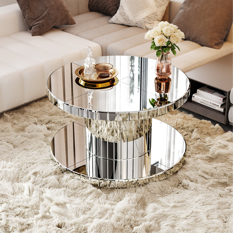 Table basse et miroir de luxe à deux niveaux avec miroir rond et verre cannelé - table d'appoint moderne de 31,5 po de diamètre pour le salon, conception luxueuse légère, structure cylindrique robuste