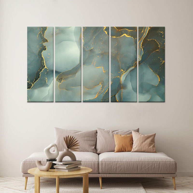 Art mural moderne en verre marbré vert moderne: impression sur toile, toile tendue 5P, 43,3 po H x 98,4 po l