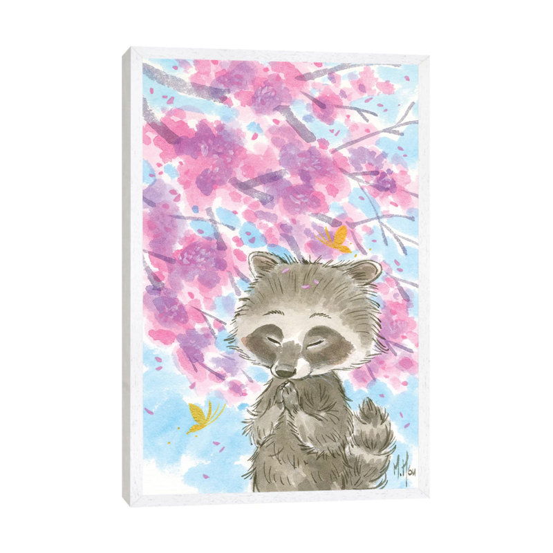 Cherry Blossom Raccoon by Martin Hsu - Painting on Canvas, White Framed, 66.04 cm H x 45.72 cm W