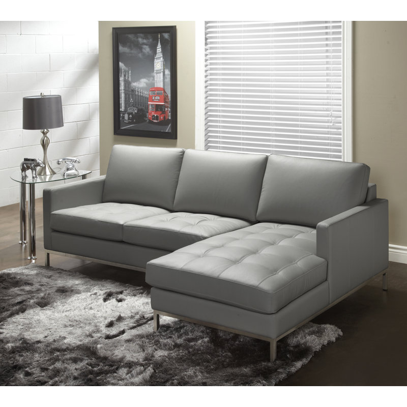 Canapé et méridienne en cuir véritable de 92 po de largeur Corniche, Cuir véritable gris, Orienté à droite (vu de face)