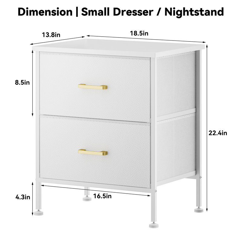 Nightstand, Small Dresser for Bedroom, End Table with 2 Fabric Drawer Bedside Closet, White/Gold, Set of 2