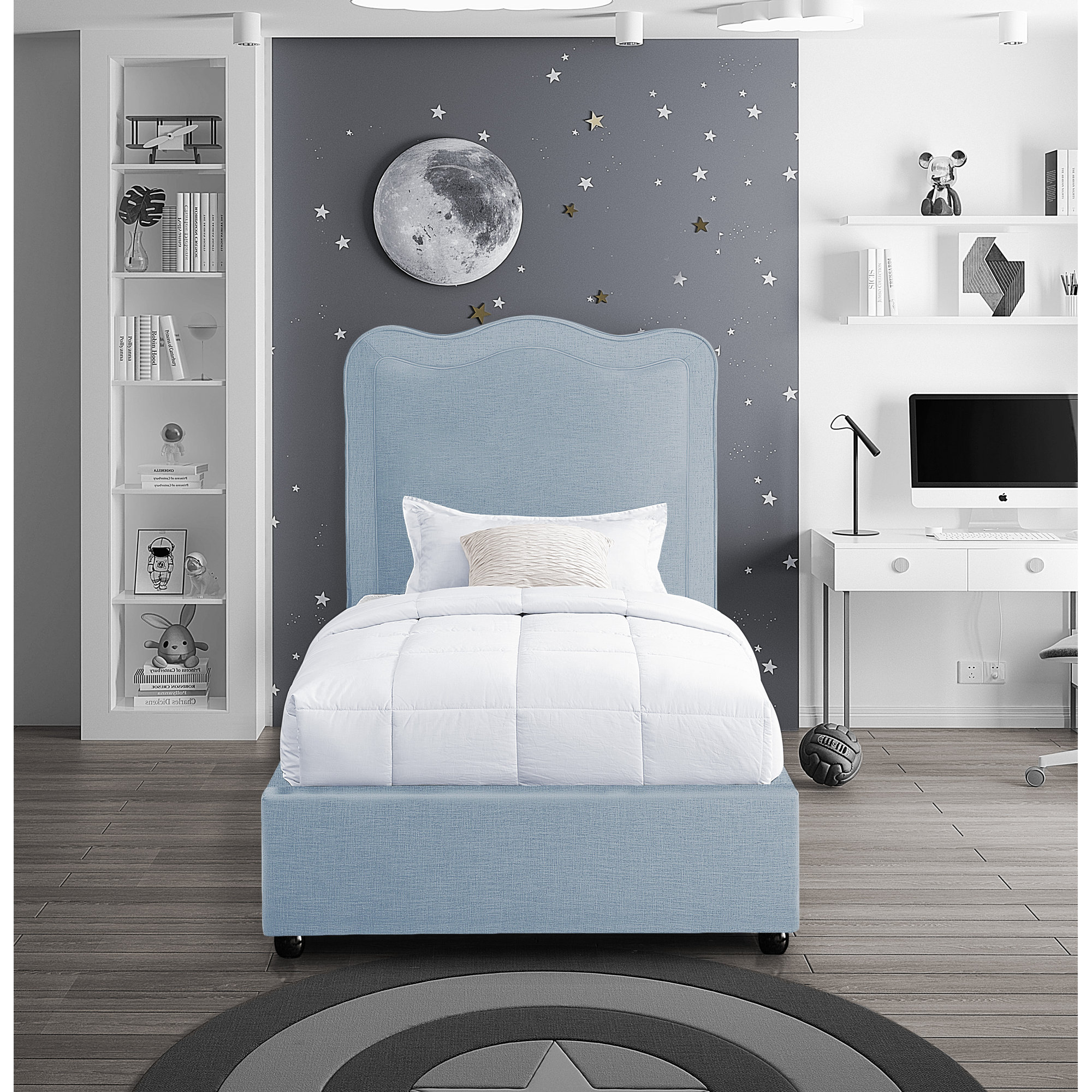 Upholstered Scalloped Bed, Twin, Light Blue Performance Linen