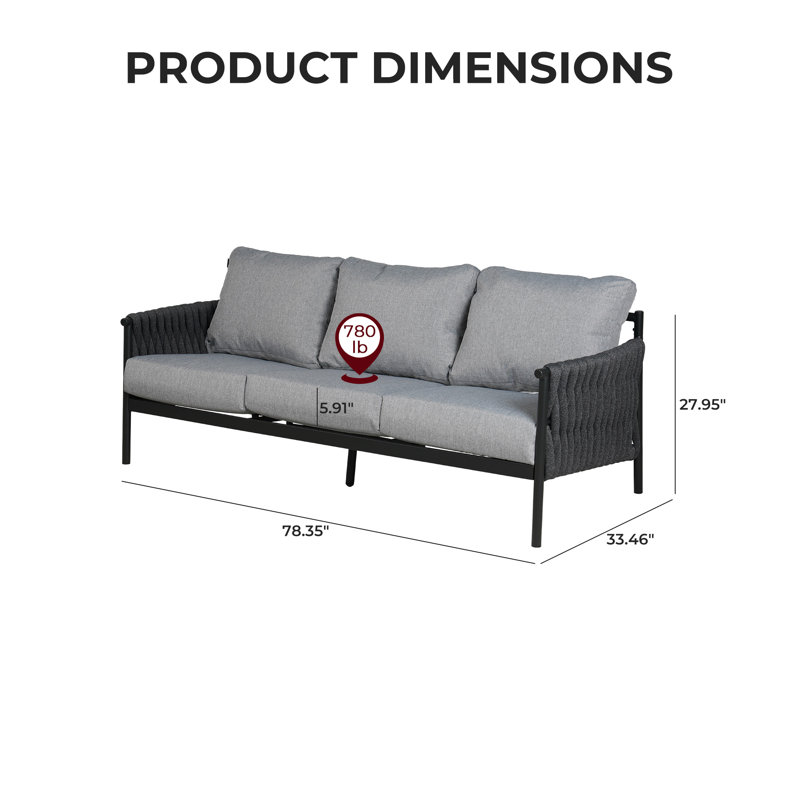 Arlend 3-Person Rope Patio Sofa, Gray Cushion/Black Frame