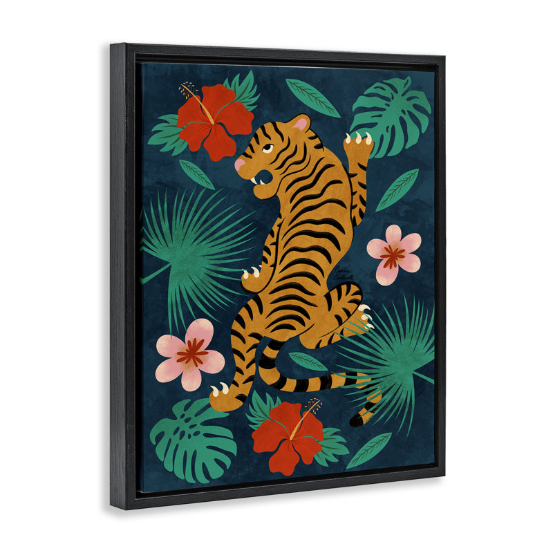 Art mural sur toile, "Les tigres grimpants" par Carrie Cantwell, H 21 po x l 17 po, Cadre flottant noir de jais