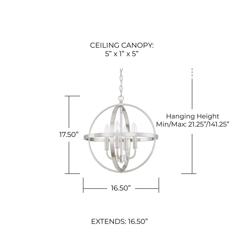 Lustre globe unique à 4 lumières indépendant, H 17,5 po x l 16,5 po x P 16,5 po, Nickel brossé