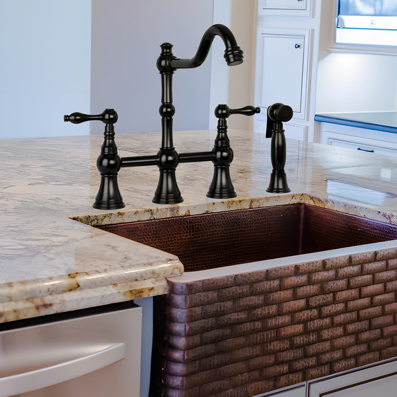 Brass Heritage Bridge Kitchen Faucet with Side Spray 2 Handles, Matte Black