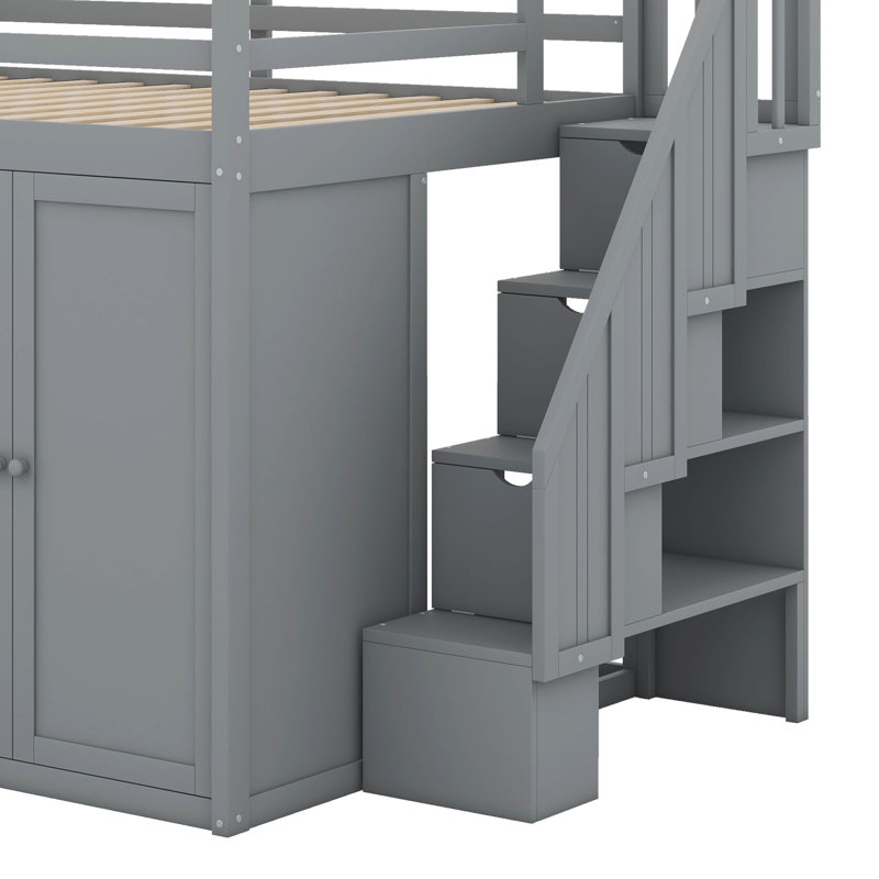 Lit mezzanine en bois pleine grandeur avec placards, armoires et tiroirs, Gris