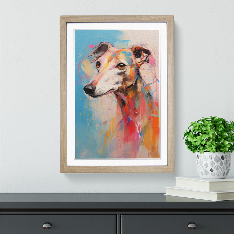 Whippet Gestural - Single Picture Frame Print on Wood, Oak Framed, 64cm H x 46cm W