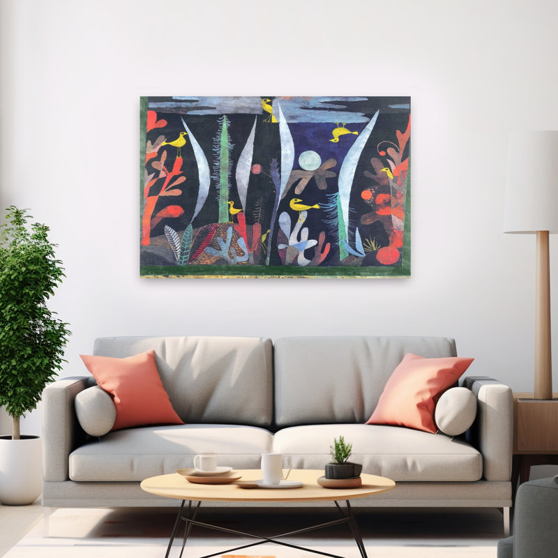«Landscape with Yellow Birds», reproduction d'art géométrique classique au printemps, 40" H x 60" W