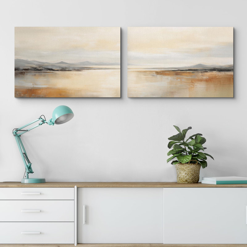 Minimal Landscape Calm Lake Waters and Distant Mountains Rustic 2 - Pièces, Toile tendue, H 16 po x l 24 po