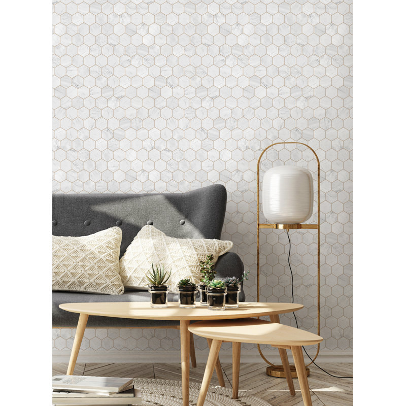 Panneau de papier peint hexagonal en marbre, L 2 pi x H 18 pi, Or cuivré