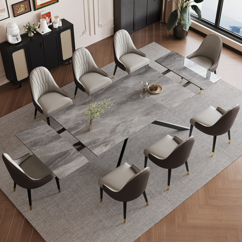 Vetler 9 - Piece 110.23'' Extendable Rectangular Sintered Stone Dining Table with 8 Leather Chairs Dining Set, Gray