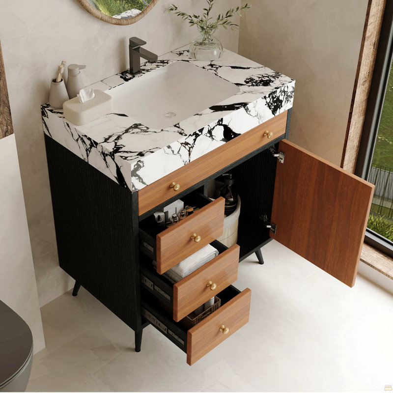 Meuble-lavabo autoportant moderne avec lavabo en céramique et plateau en pierre frittée, White/Black