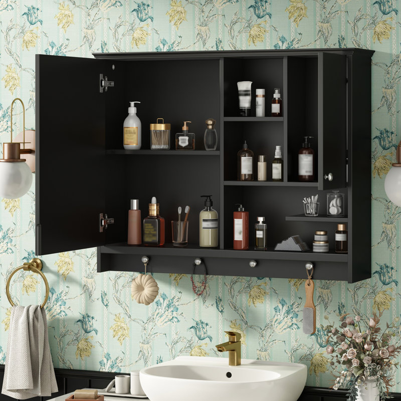Armoire de salle de bain à miroir murale 36 pouces avec tablette de rangement réglable moderne noire