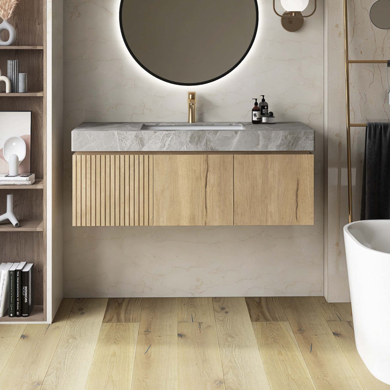 Meuble-lavabo mural pré-assemblé en contreplaqué avec lavabo, tiroir et portes, Beige