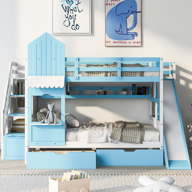 Lit superposé de style château avec 2 tiroirs, 3 tablettes et glissade, Bleu, Double sur double