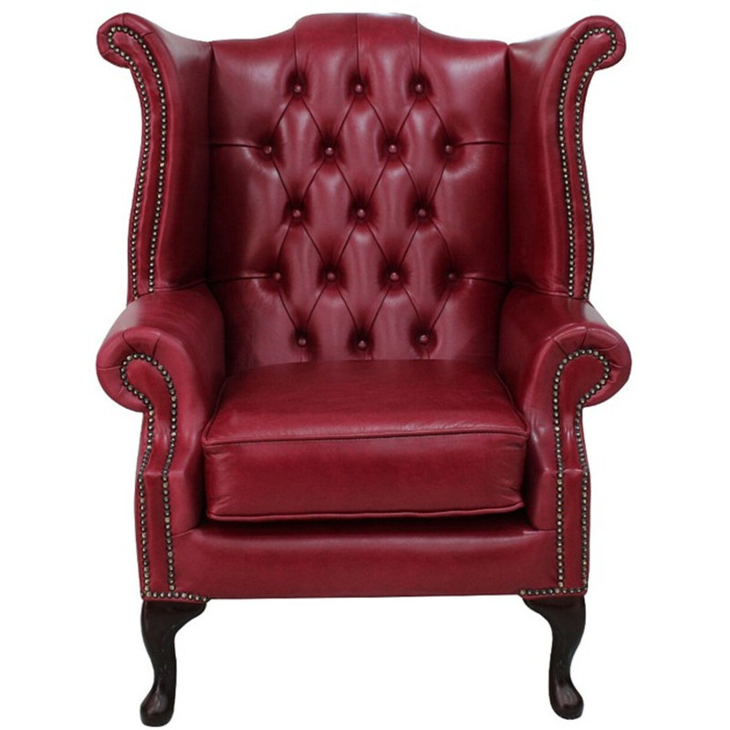 Chesterfield 3 Seater Sofa + 2 X Queen Anne Chairs Old English Leather Sofa Offer, Red