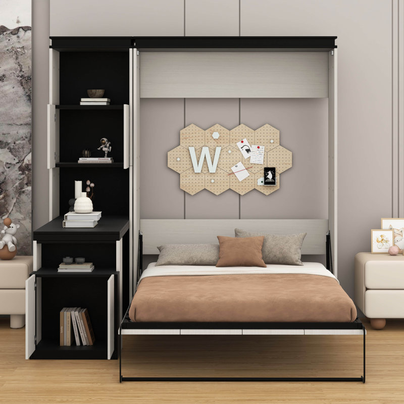 Lit escamotable double avec bureau, armoire de rangement et tablettes, cadre de lit plateforme pliable en bois de pin massif