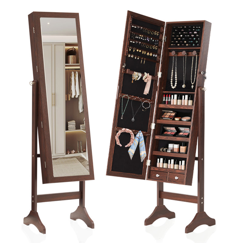 Armoire à bijoux pleine grandeur 60 po avec serrure, miroir inclinable réglable et intérieur en velours, Brun