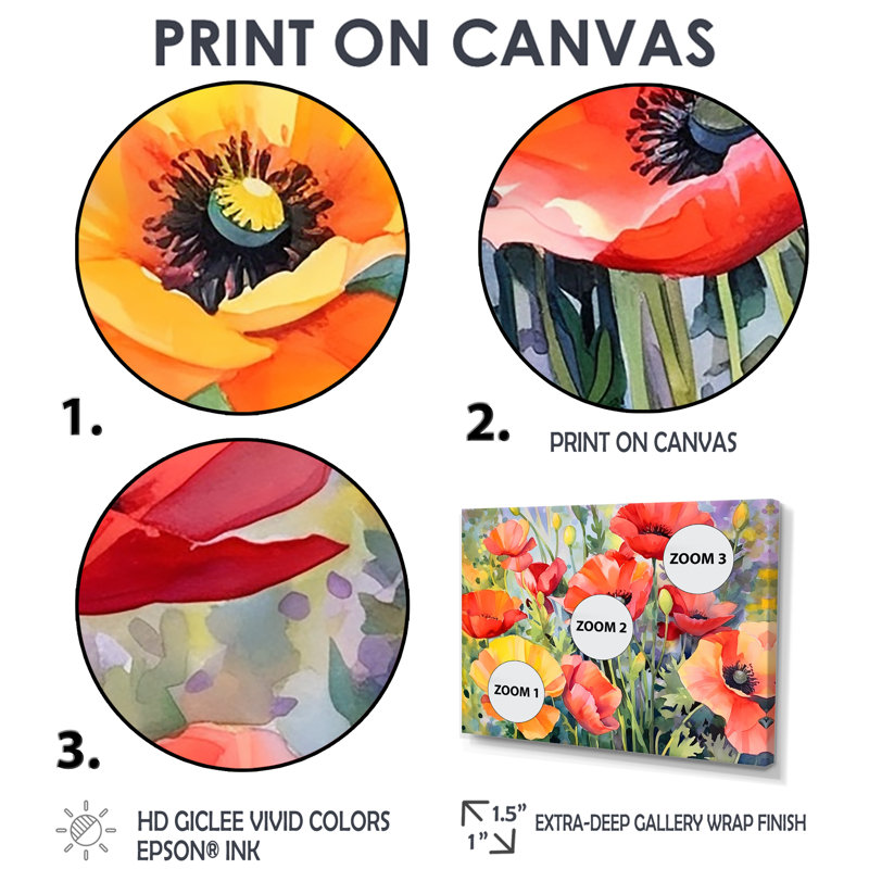 Vibrant Poppies I - art mural corail 4 pièces, Toile tendue, Ne s’applique pas