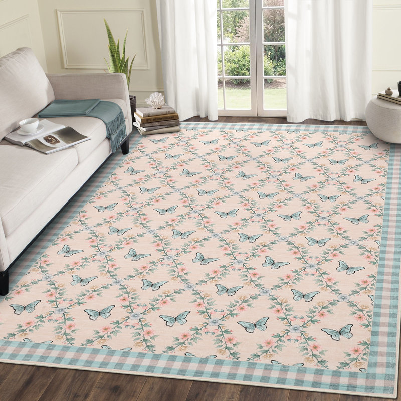 Machine Washable Modern Butterfly Floral Rug Non Slip Non Shedding Low Pile Rug Ultra-Soft Throw Floor Cover Foldable Indoor Carpet for Living Room Bedroom Guest Room Playroom Nursery