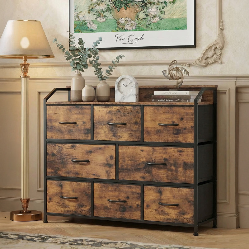 39.4" W Rectangular LED & Power Outlets 8-Drawer TV Stand, Rustic Brown