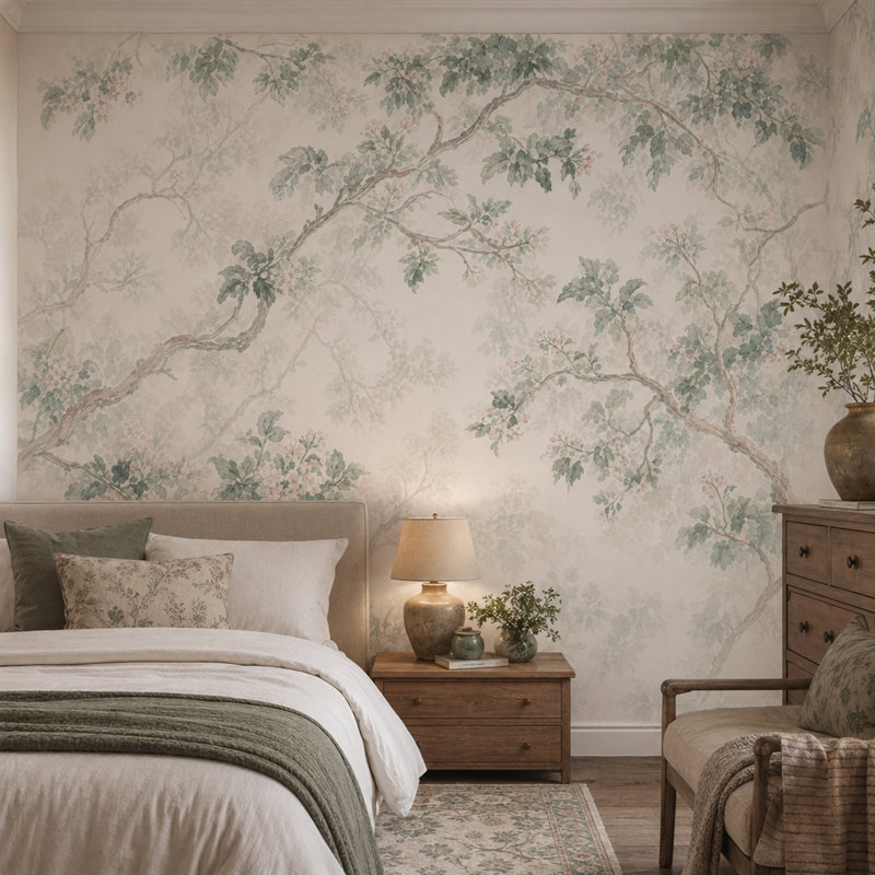 Watercolor Botanical Wallpaper Tree Branches Sage Green Leaves Removable Wall Decor, 200"x120", Textured Non-Pasted