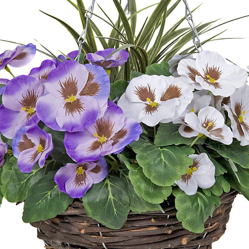 GreenBrokers 2 x Artificial Purple & White Pansy Rattan Hanging Baskets (52cm/20in), Purple/White