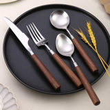 Walnut Wood Handle Stainless Steel Flatware Set - 4-Piece Dinner Cutlery With Knife, Fork, And Spoons