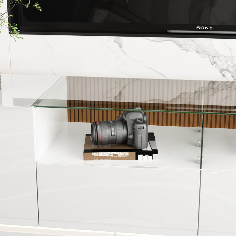 Modern LED TV Stand with Glass Shelf & Storage - 66.9"