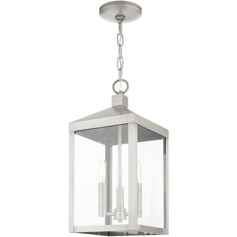 3 Light Outdoor Pendant Lantern with Clear Glass Shade, 18.5" H x 8.25" W x 8.25" D,  Brushed Nickel