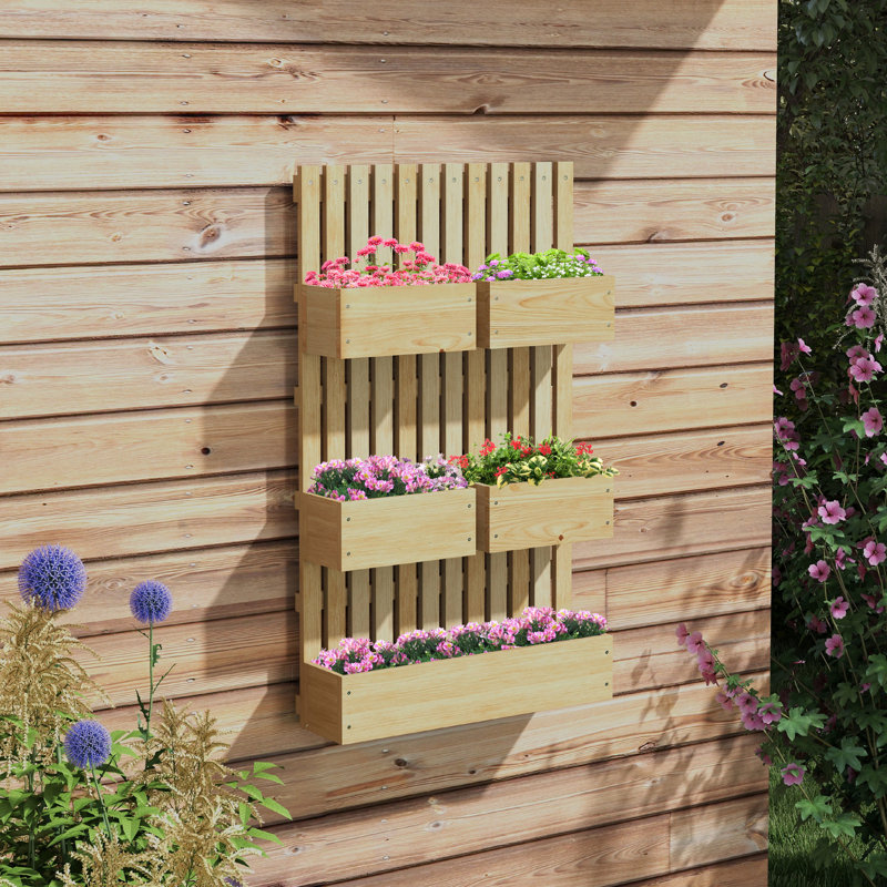 Jardinière en treillis surélevé pour diverses plantes - bois naturel, hauteur réglable, fonction d'auto-vidange avec jardin à 5 bacs avec plantes, légumes, trou de drainage pour les herbes inclus
