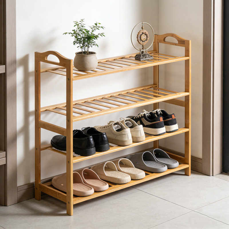 4-Tier Portable Bamboo Shoe Rack 12 Slats Natural Wood 26.8 Inch, Bamboo