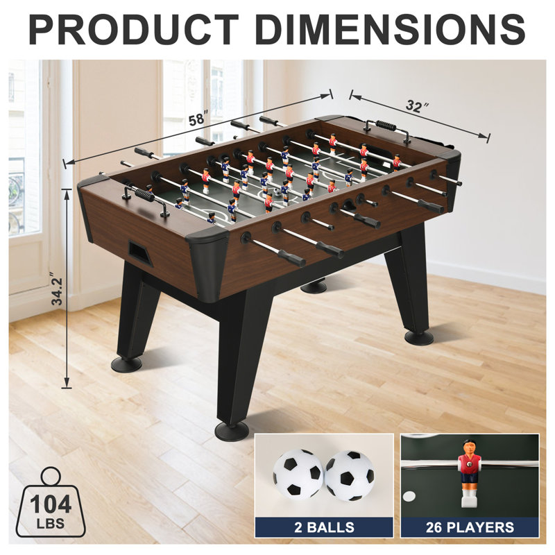 RayChee 58'' Foosball Table, Competition Soccer Table Game with 2 Balls, Leg Levelers and Telescopic Rods, Brown