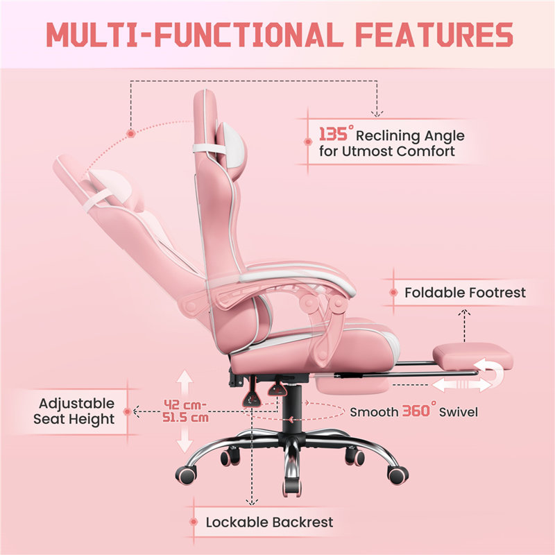 Metro Lane Adjustable Reclining Ergonomic Faux Leather Swiveling PC & Racing Game Chair with Footrest, Pink/White