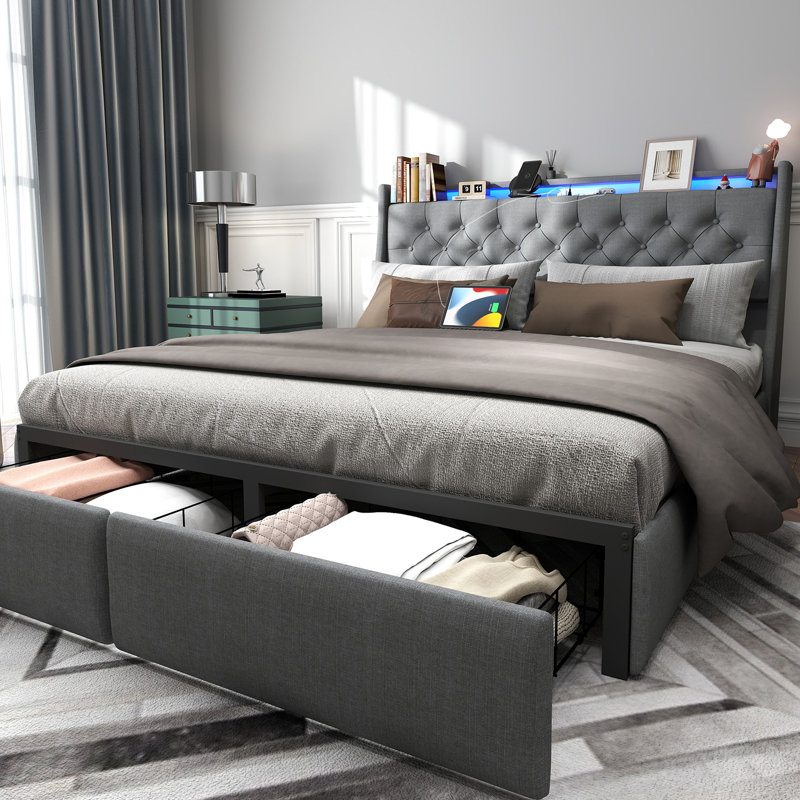 Gray Full Upholstered Bed Frame with LED Headboard and Storage Drawers
