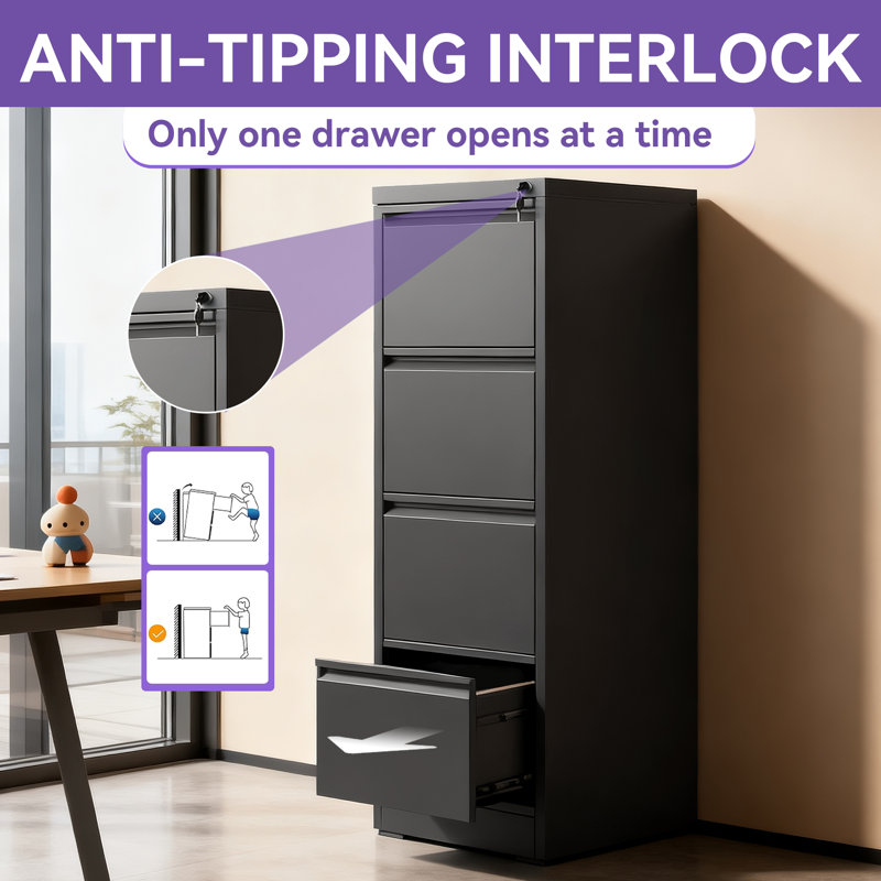 4-Drawer Vertical Metal Filing Cabinet, High-Capacity Eco-Friendly Design with Smooth Gliding Drawers & Anti-Tip Lock, Black