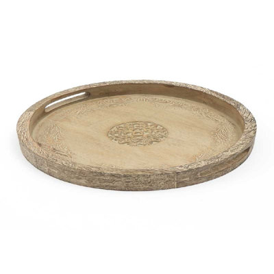 Plateau de service rond en bois de manguier de 18 pouces, plateau décoratif en bois naturel rustique sculpté à la main avec poignées découpées pour table basse, salle à manger et meuble-lavabo