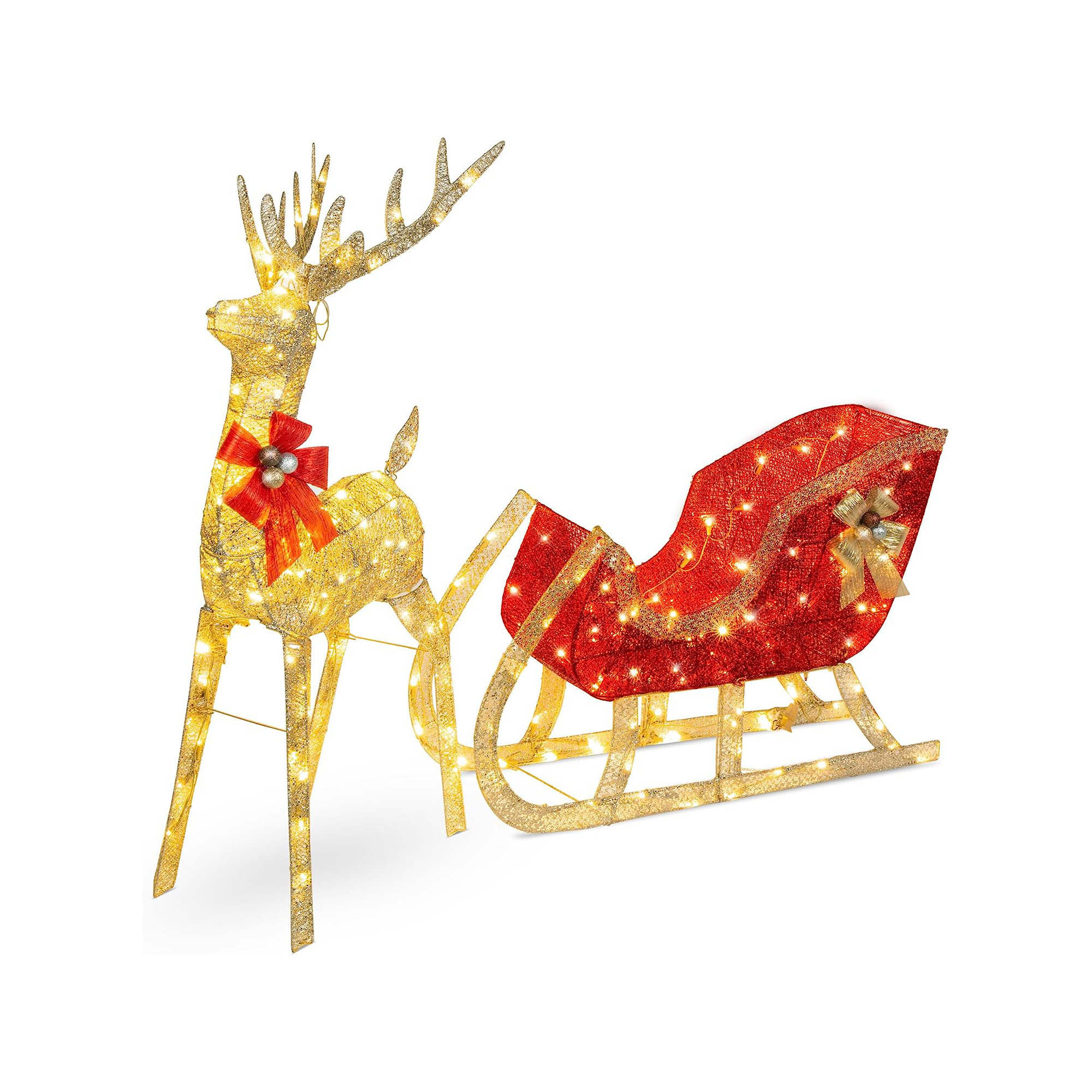 Reindeer Sleigh Yard Lighted Display, 48"H x 70"W x 15"D, Gold