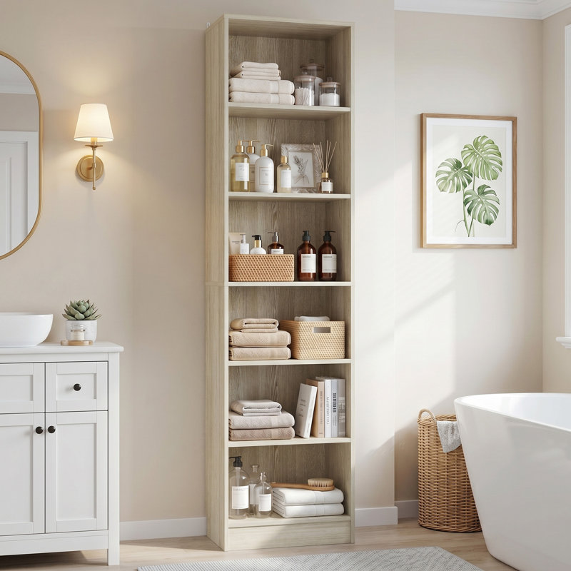 Grande armoire de rangement ouverte à 6 niveaux avec étagère à linge étroite pour salle de bain avec tablettes, Washed Oak