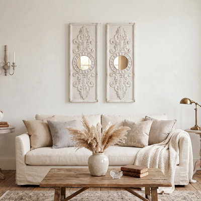 White Distressed Wood Mirror Wall Decor, Carved Wood Wall Art Panels Set