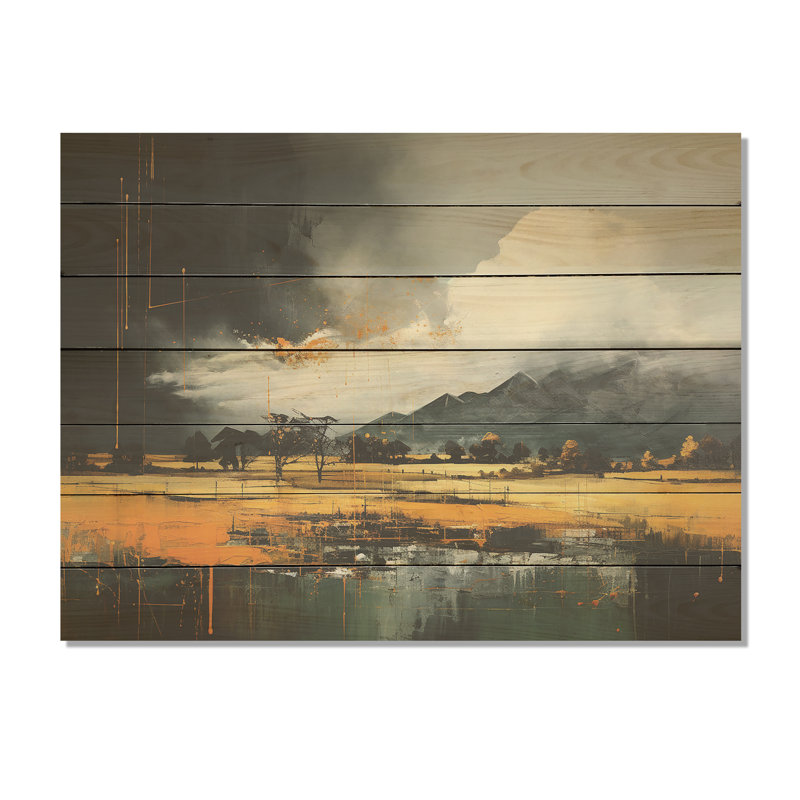 Gris et jaune, paysage de montagne abstrait II - paysage abstrait sur bois, H 10 po x l 20 po x P 0,78 po