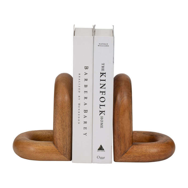 Casual Decorative Looped Book Ends for Desk and Home Decor - Modern Wood Bookend for Shelf Styling and Bookshelf Display - Set of 2, 7"