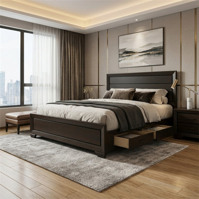 California King-Size Bed Frame, Walnut-Finish Platform Bed With Four Storage Drawers, Wooden Frame Bed, Vintage Style