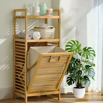 Armoire pour paniers à linge en bambou inclinable, étagère de rangement ouverte à 2 niveaux pour salle de bain