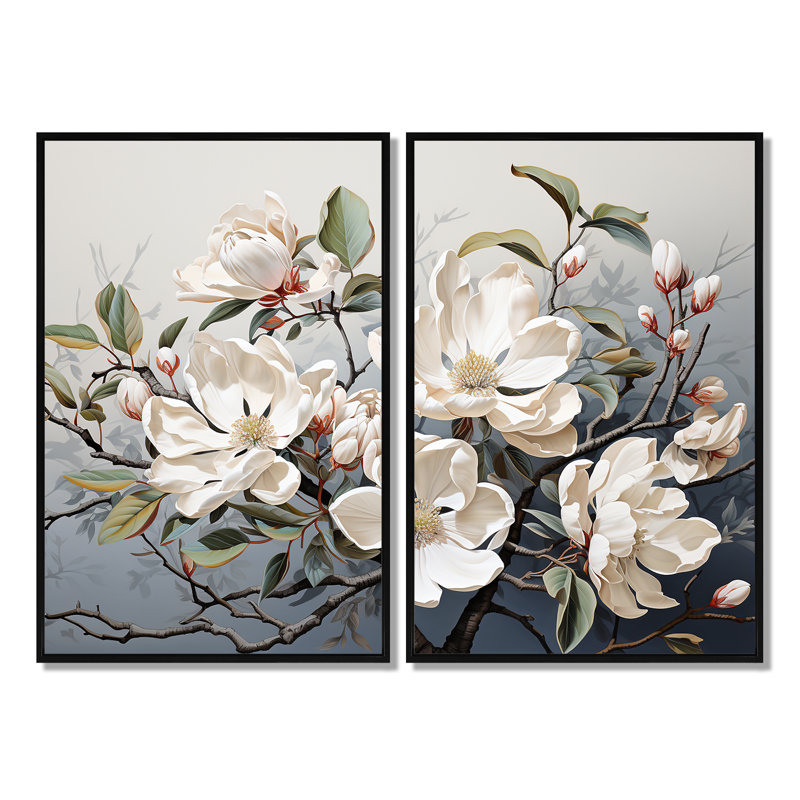 «Whispered Beige Magnolias Serenade I», art mural beige, 36" H x 48" W, Impression encadrée flottante, Black